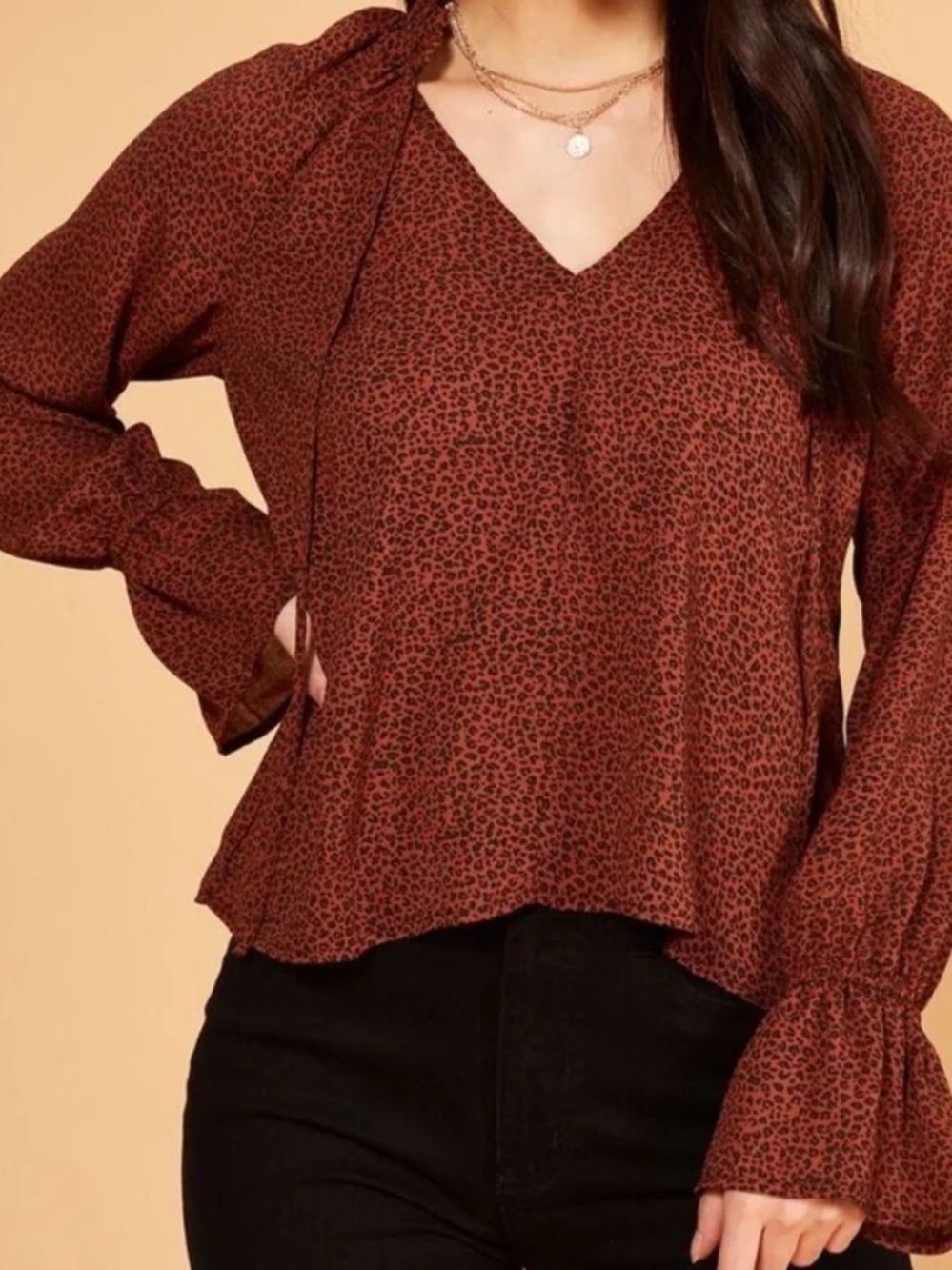 MINKPINK Rust Leopard Tie-Neck Blouse